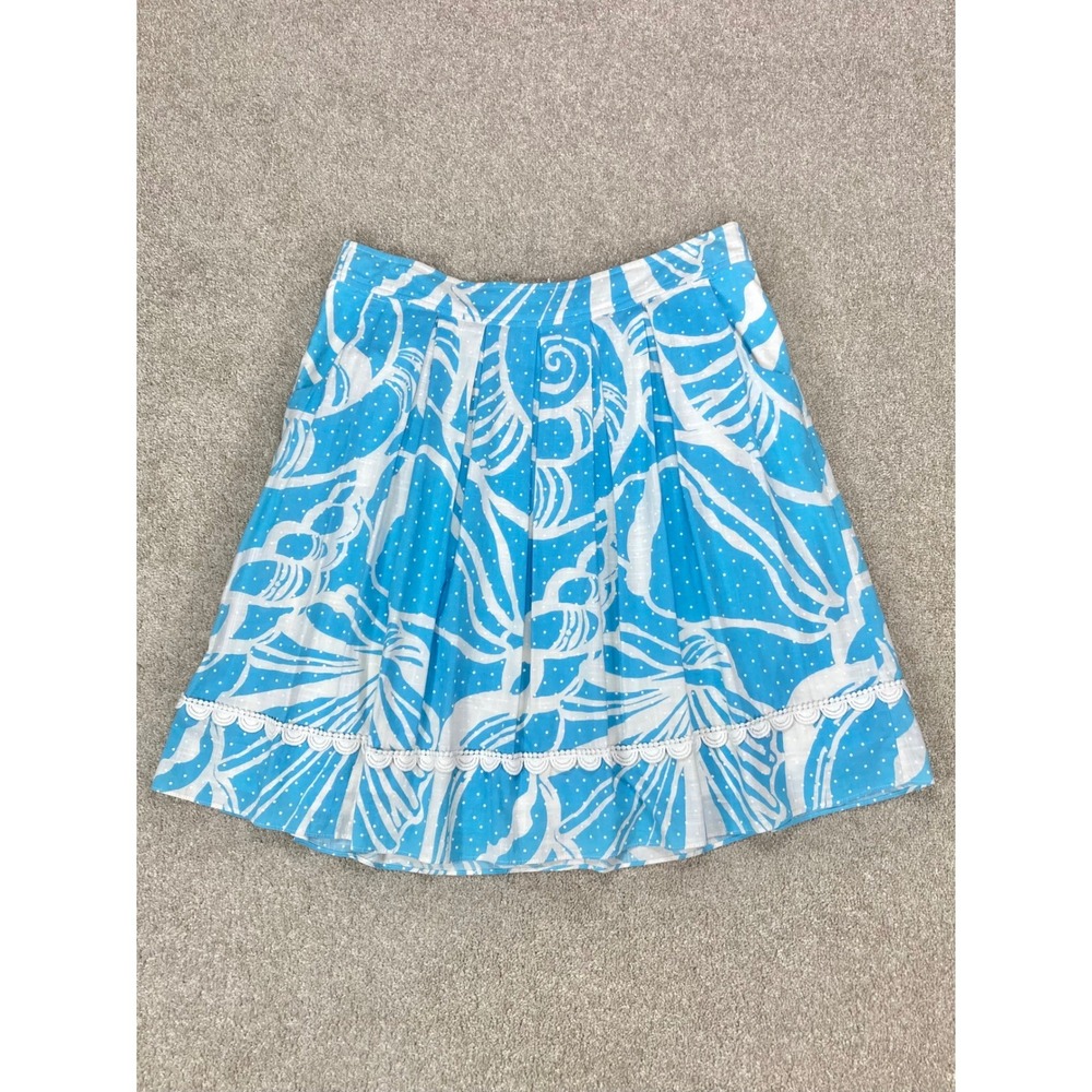 Lilly Pulitzer Seashell Polka Dot Pleated Skirt Womens 8 Blue White Coastal Chic